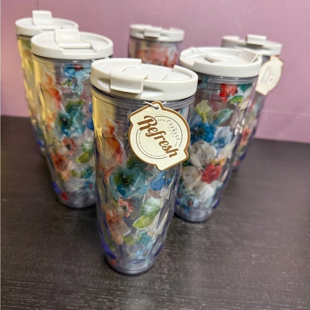 Cypress Refresh Floral Insulated Tumblers with Lids Set of 6 NEW